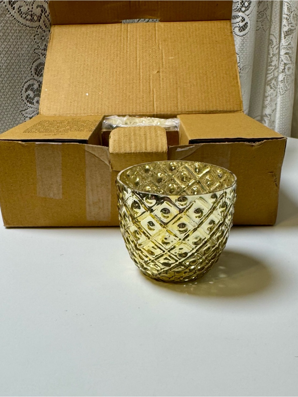 Hosley Set of 6 Antique Gold Mercury Glass, Votive Candle Holders, Mini Pots